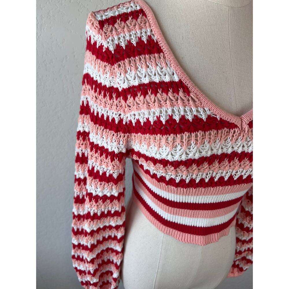 Altar'd State Pink Striped Cropped Crochet Sweater Cotton size XS - Picture 2 of 9